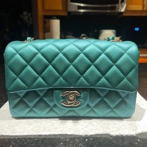 ❌SOLD❌CHANEL Classic Iridescent Green Calf skin Rectangular Mini Single Flap Bag
